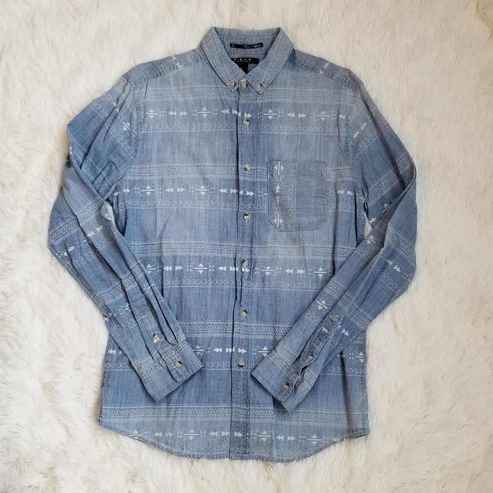 21men | aztec print denim button down shirt